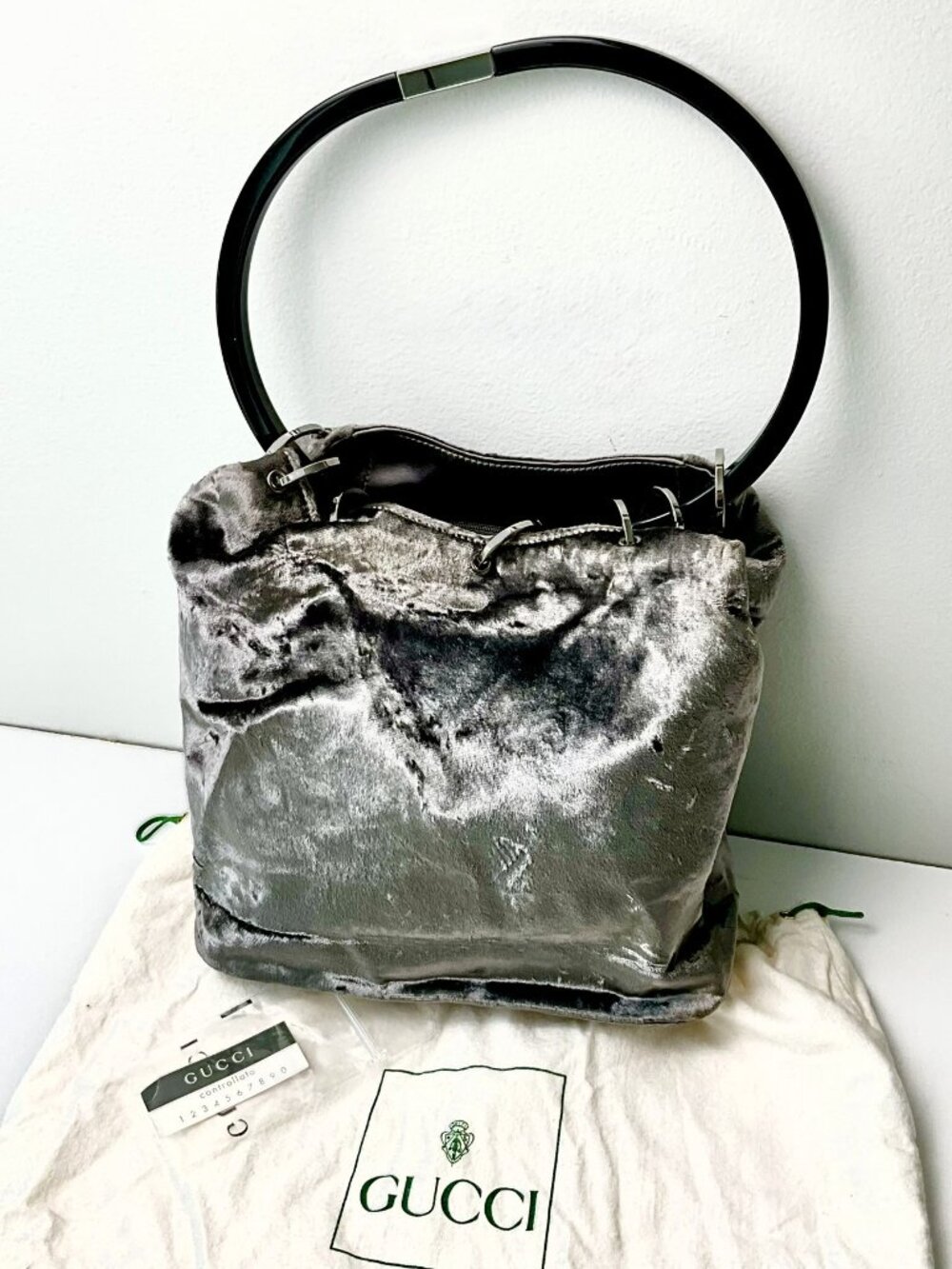 Vintage Gucci Silver Crushed Velvet Shoulder Bag Italy